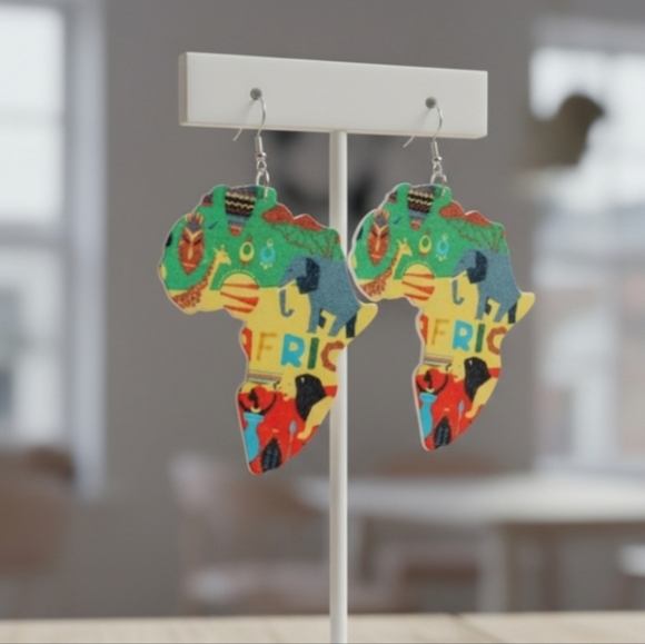 African Map Animal Wood Painted Tribal Earrings. Length 3.0 inches - Picture 4 of 6